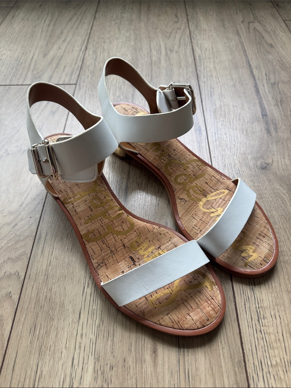 Sam Edelman White Leather Ankle-Strap Cork Insole Sandals Women’s 10.5 Buckle